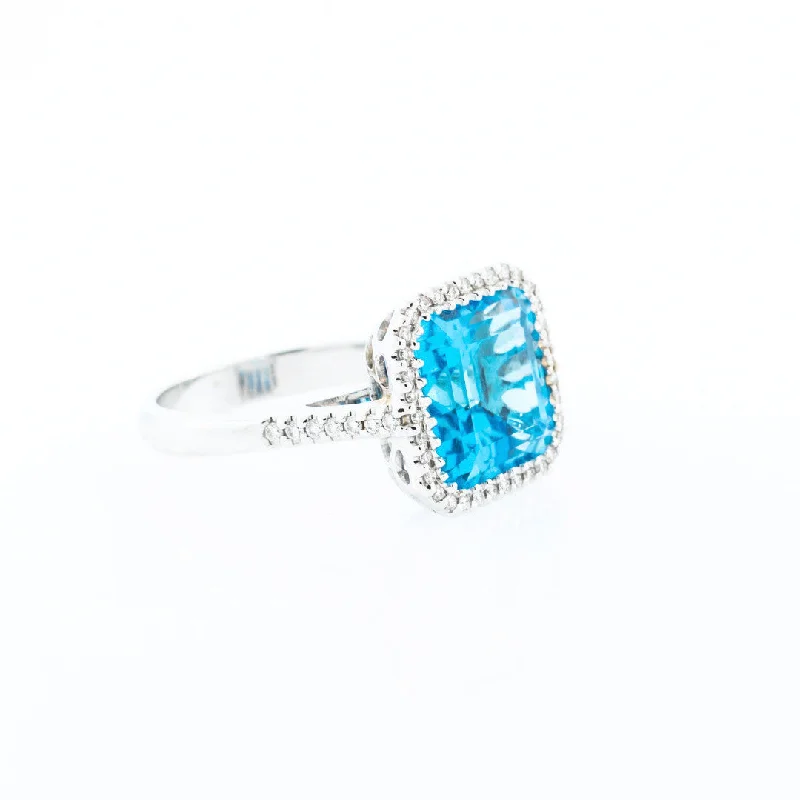 women's engagement rings with star-shaped diamond -Square Cushion Blue Topaz with Diamond Halo