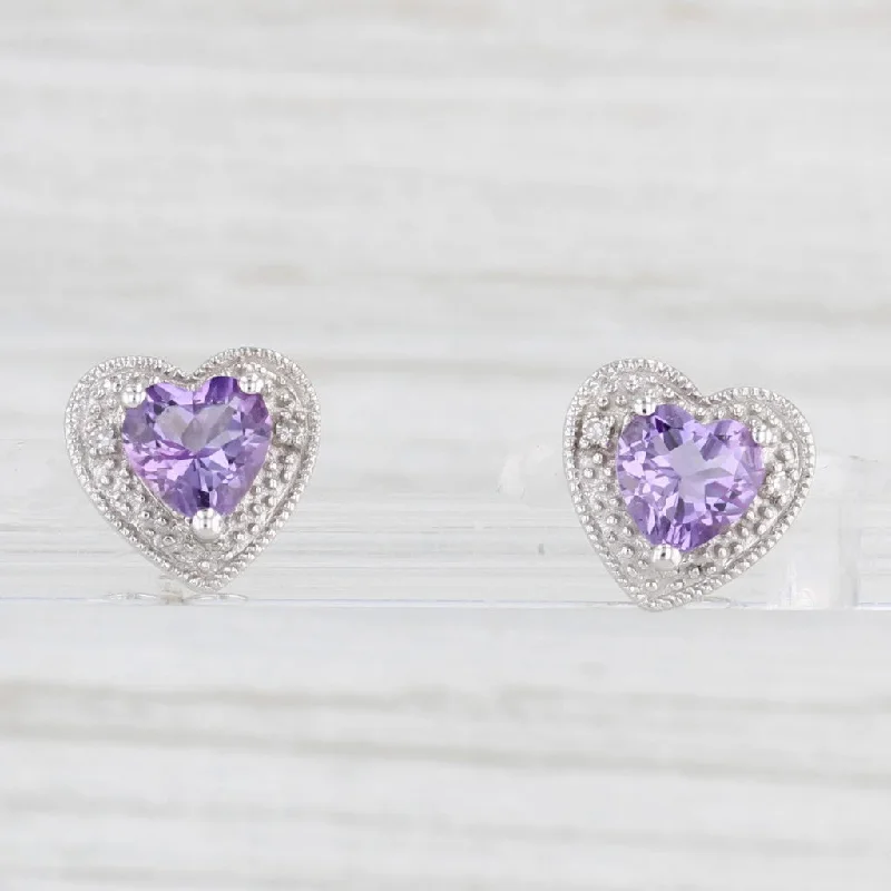 women's earrings with twisted design -0.80ctw Amethyst Heart Stud Earrings 10k White Gold Diamond Accents