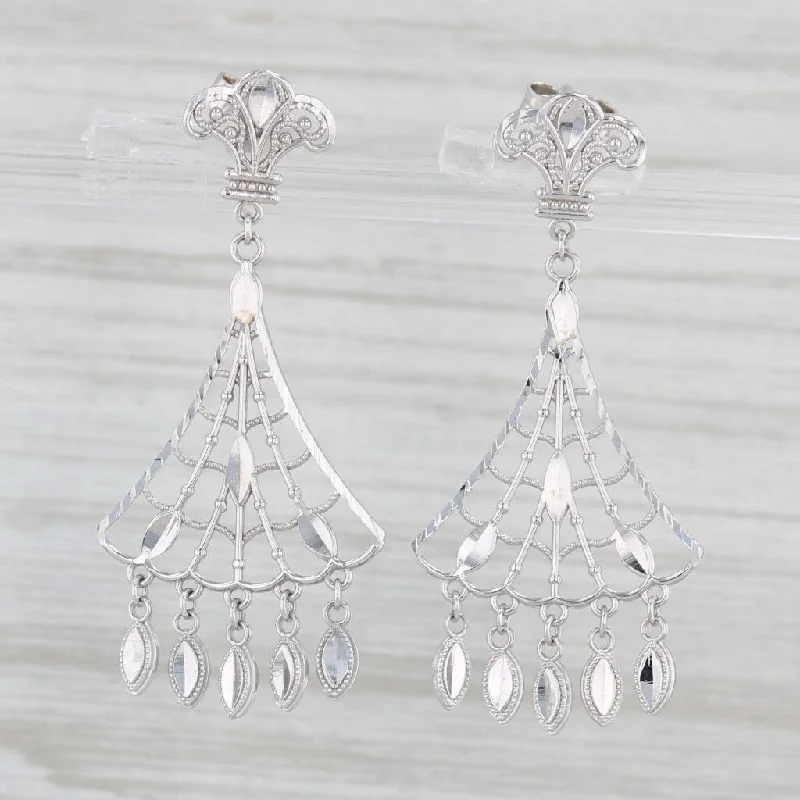 women's earrings with three-stone setting -Webbed Filigree Fringe Dangle Earrings 14k White Gold Pierced Drops