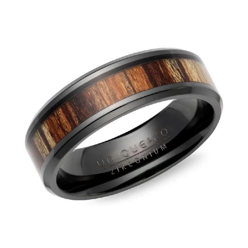 women's rings with luxurious gold finish -Unique & Co Wood Inlay Black Zirconium Ring