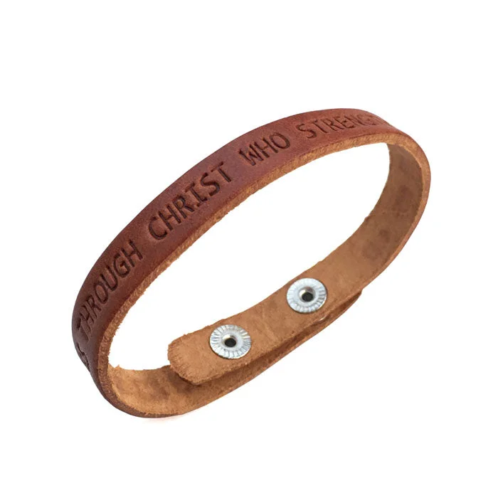 women's bracelets with leather accents -Philippians 4:13 Small Leather Bracelet