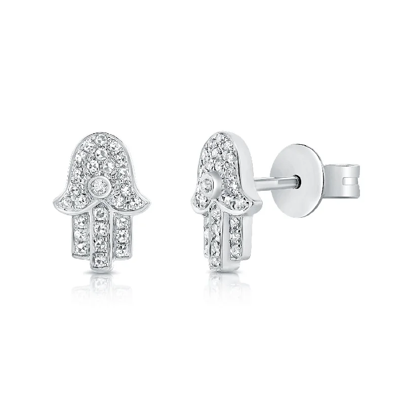 women's earrings with simple design -14K White Gold Diamond Hand of God Stud Earrings