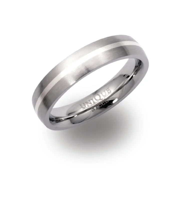 women's rings with minimalist band -Unique & Co 5mm Stainless Steel Ring with Sterling Silver Inlay