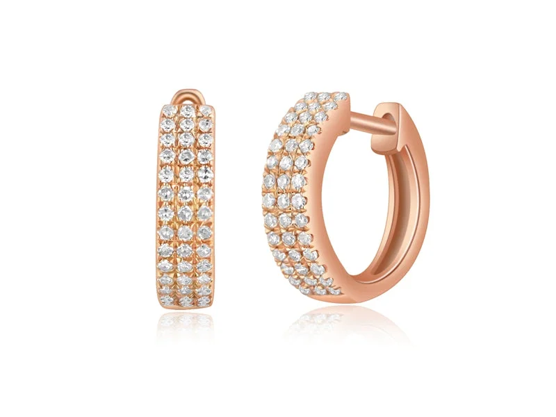 women's earrings with oversized hoop -14K Rose Gold Diamond Triple Row Huggie Earrings