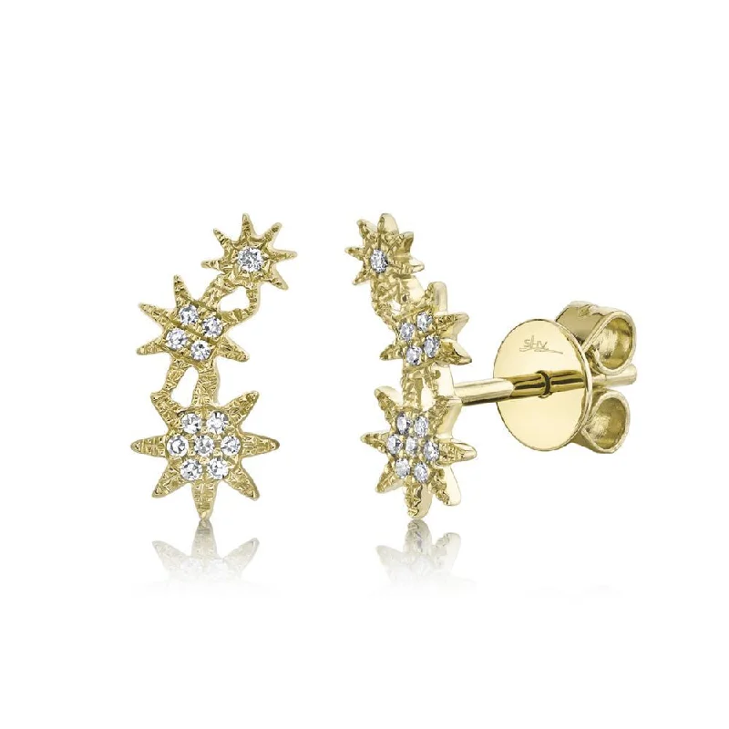 women's earrings with heart and gemstone -14K Yellow Gold Diamond Stars Stud Earrings