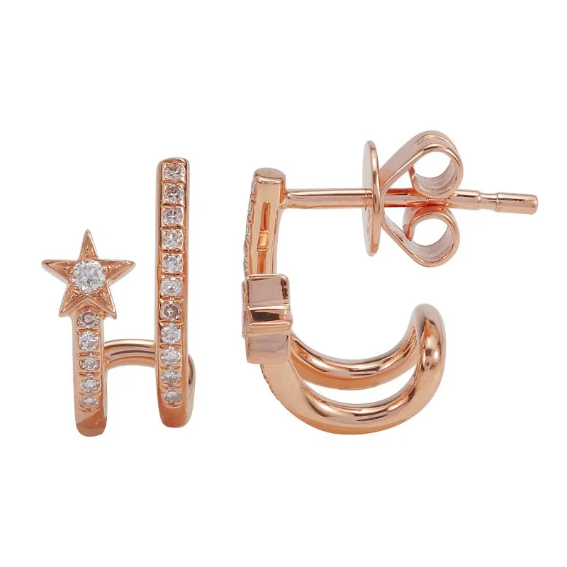 women's earrings with polished gold -14K Rose Gold Diamond Star Huggie Earrings