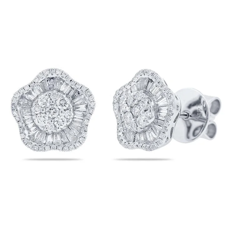 women's earrings with fine craftsmanship -14K White Gold Round and Baguette Diamond Flower Earrings