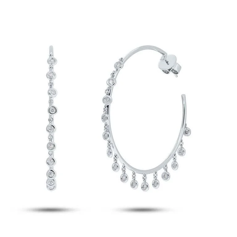 women's earrings with hoop style -14K White Gold Diamond Bezel Dangle Hoop Earrings