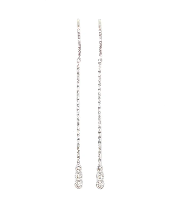 women's earrings with linear drop -14K White Gold Diamond Bezel Set Bar Dangle Earrings