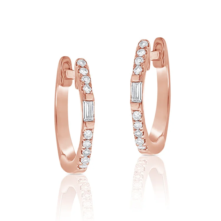 women's earrings with mixed metals -14K Rose Gold Round and Baguette Diamond Huggie Earrings