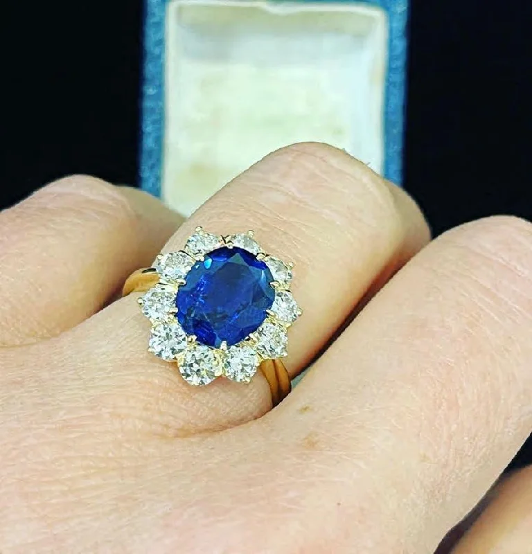 women's engagement rings with vintage design -Ceylon Sapphire and Diamond Oval Cluster Ring