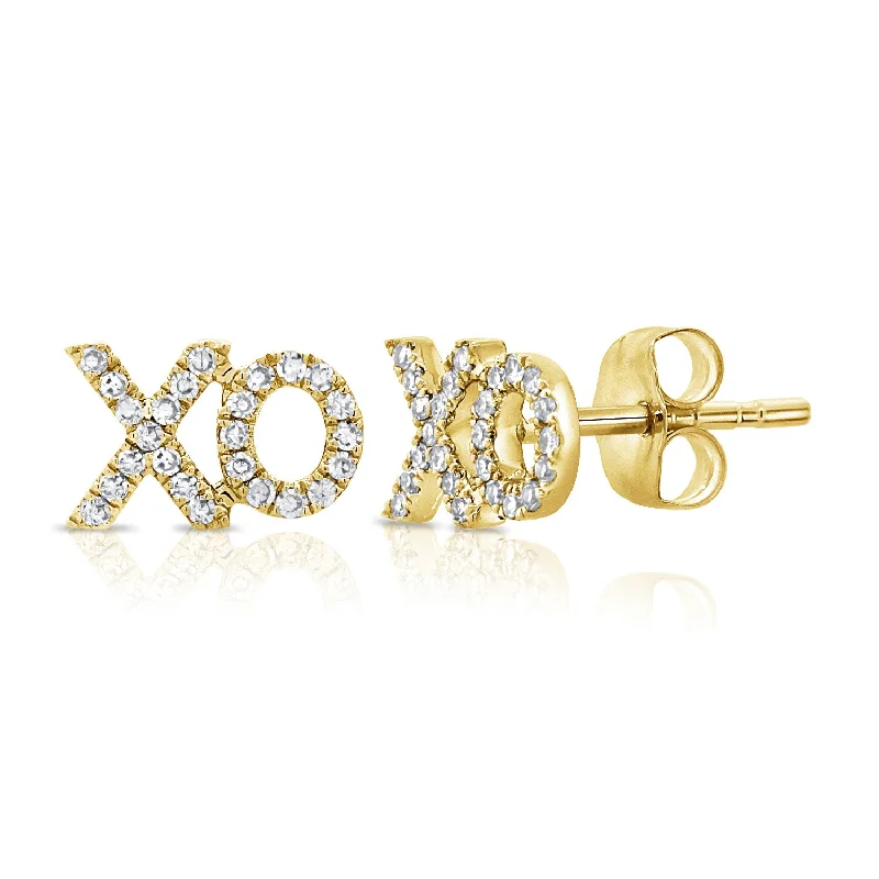 women's earrings with delicate engraving -14K Yellow Gold Diamond "XO" Stud Earrings