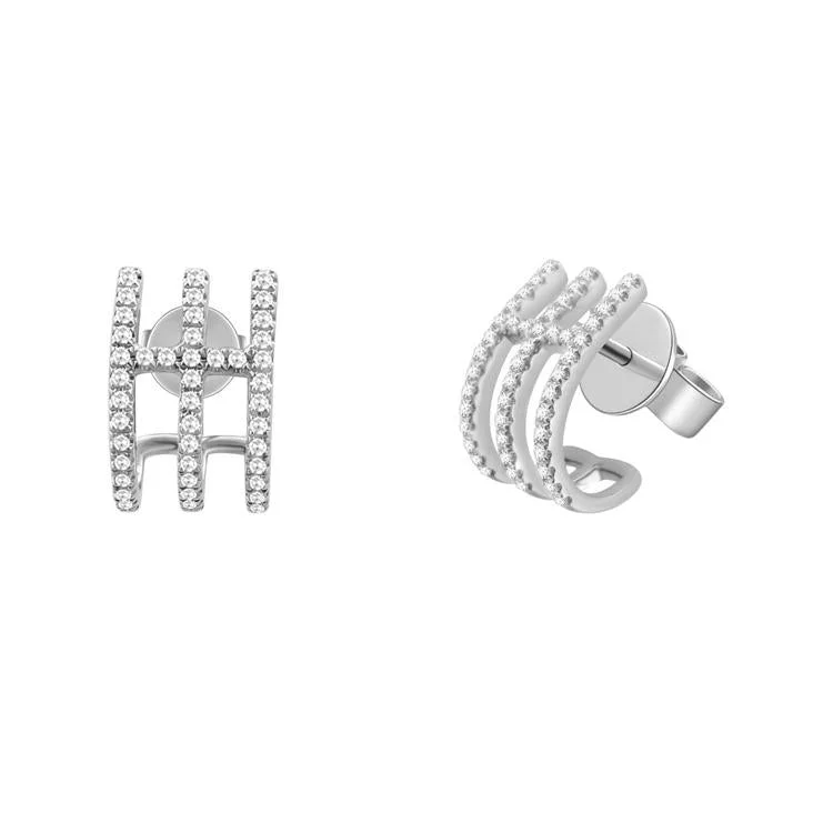 women's earrings with feather design -14K White Gold Diamond Triple Row Caged Huggie Earring