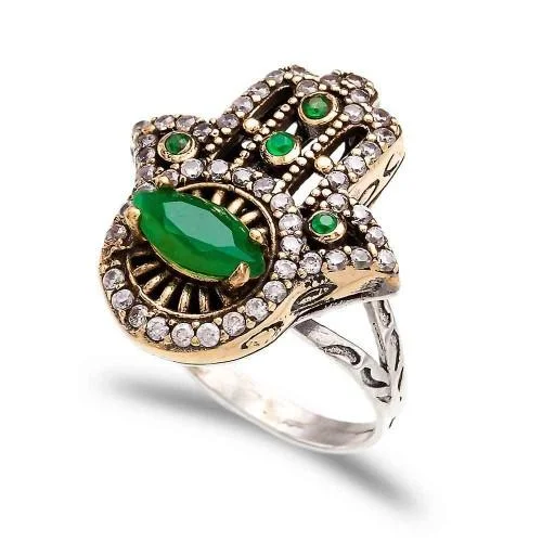 women's rings with classic design -The Jewelled Hamsa Ring - Emerald - Sterling Silver