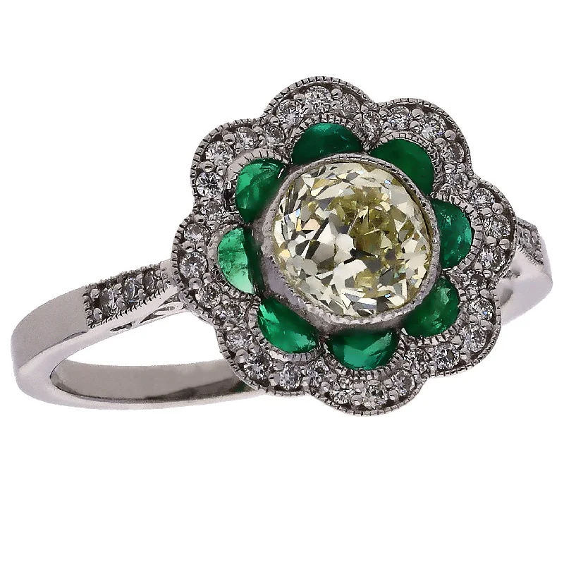 women's engagement rings with statement stone -14K White Gold European Cut Diamond and Emerald Fashion Ring