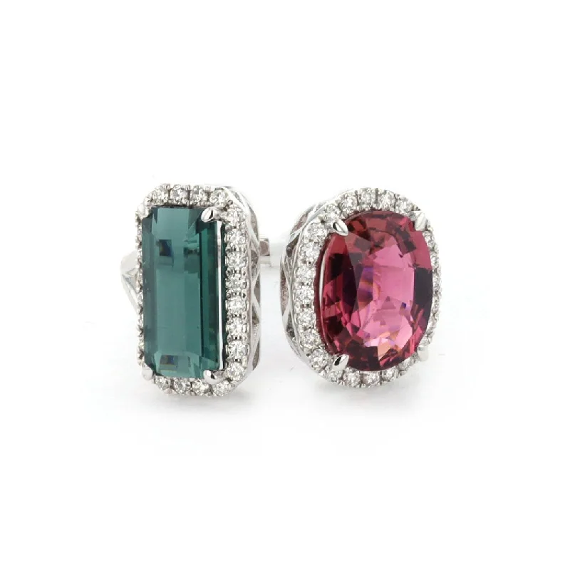 women's engagement rings with radiant-cut diamond -Pink & Green Tourmaline with Diamond Halo Ring