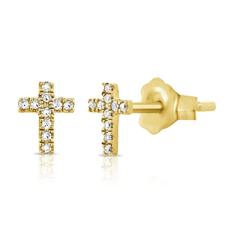 women's earrings with cubic zirconia studs -14K Yellow Gold Diamond Cross Stud Earrings