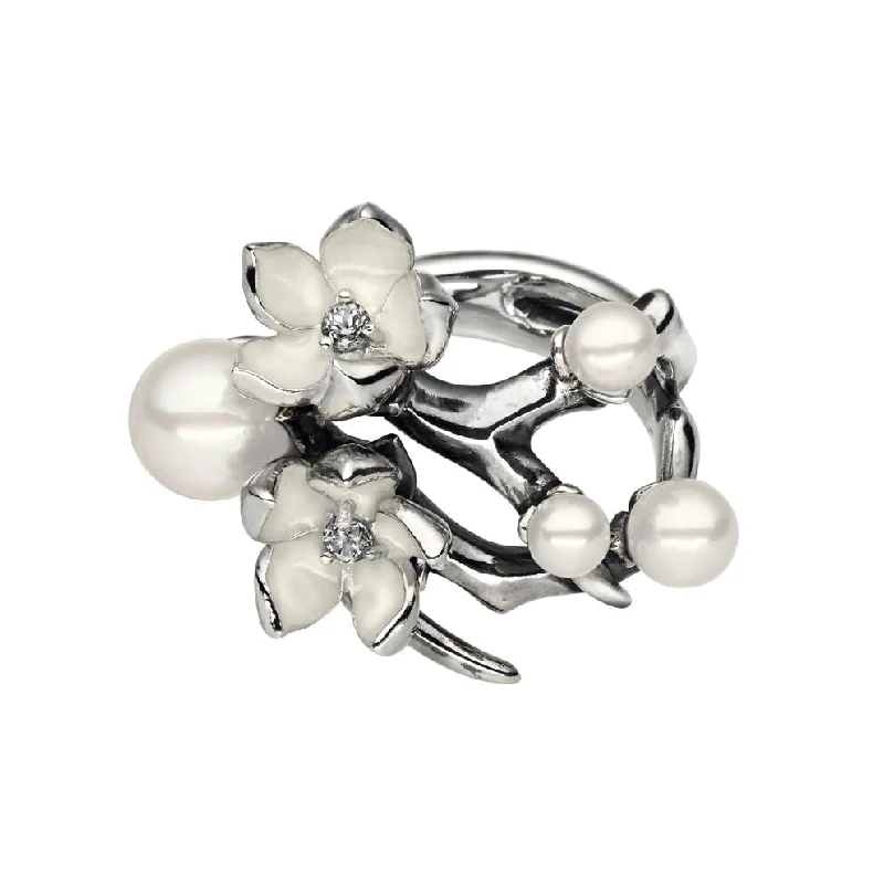 women's engagement rings with pearl -Cherry Blossom Flower Ring - Silver, Diamond & Pearl