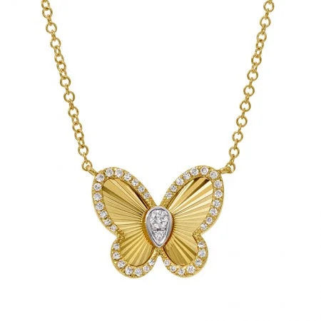 women's necklaces diamond -Fluted Gold Butterfly with Diamond Center and Diamond Pave Edging