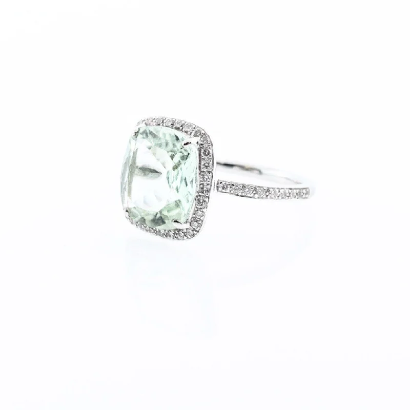 women's engagement rings with floating diamond -Green Amethyst Ring with Diamond Halo