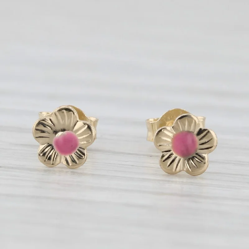 women's earrings with delicate engraving -Small Pink Enamel Flower Stud Earrings 14k Yellow Gold