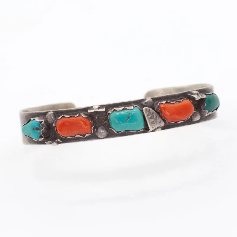 women's bracelets with minimalist style -Wayne C. Navajo Handmade Sterling Silver Turquoise Coral Cuff Bracelet