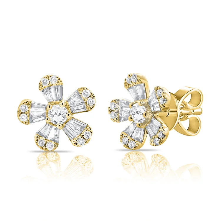 women's earrings with multi-stone design -14K Yellow Gold Diamond Flower Stud Earrings (Small)