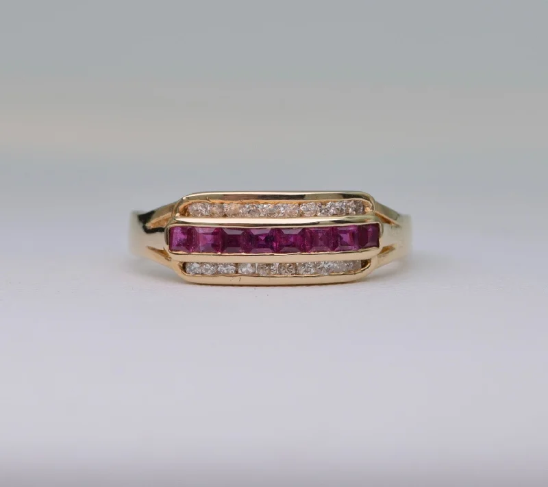 women's engagement rings with brilliant diamond shine -14K Yellow Gold Ruby and Diamond Band