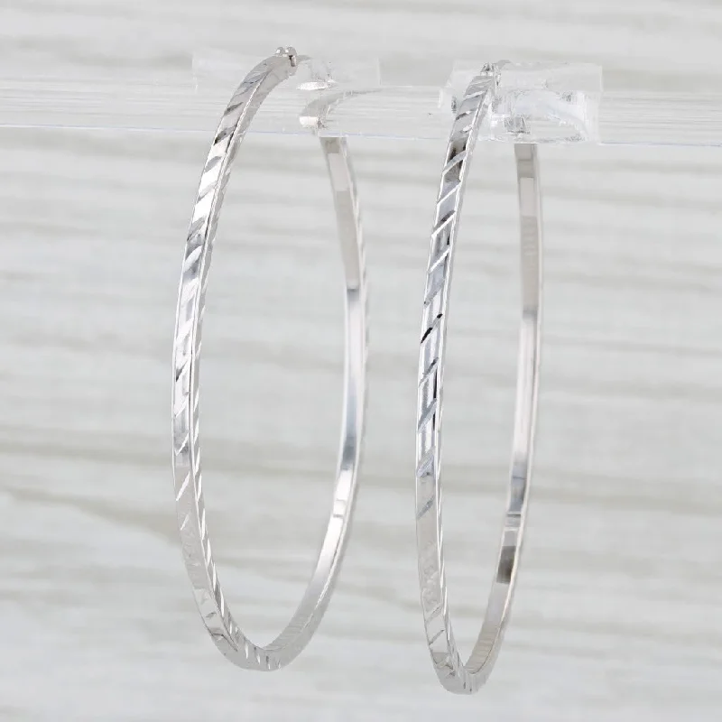 women's earrings with drop pearl -Etched Pattern Hoop Earrings 14k White Gold Snap Top Large Round Hoops