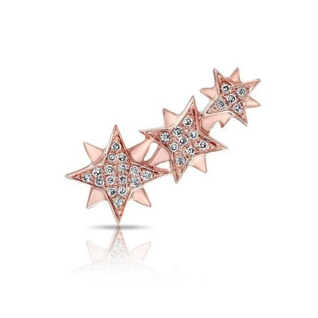 women's earrings with double hoop -14K Rose Gold Triple Star Ear Climber