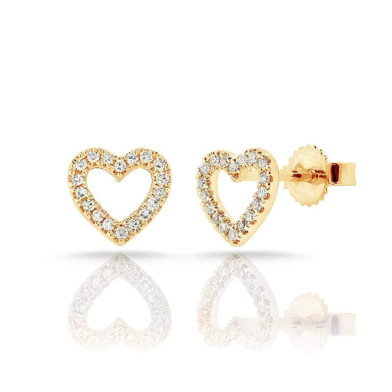 women's earrings with three-stone setting -14K Yellow Gold Diamond Open Heart Stud Earrings