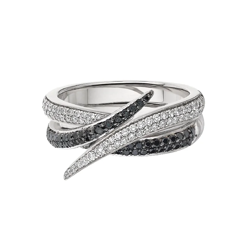 women's engagement rings with double halo -Interlocking Duo Ring - 18ct White Gold Black and White Diamond