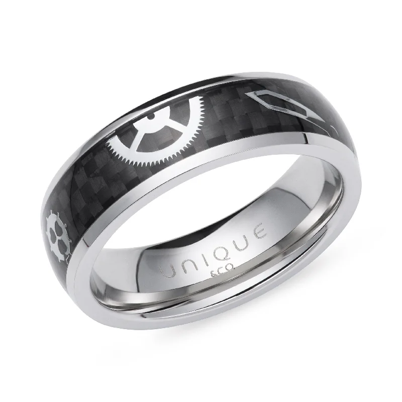 women's rings with ruby -Unique & Co Steel Black Carbon Fibre Ring