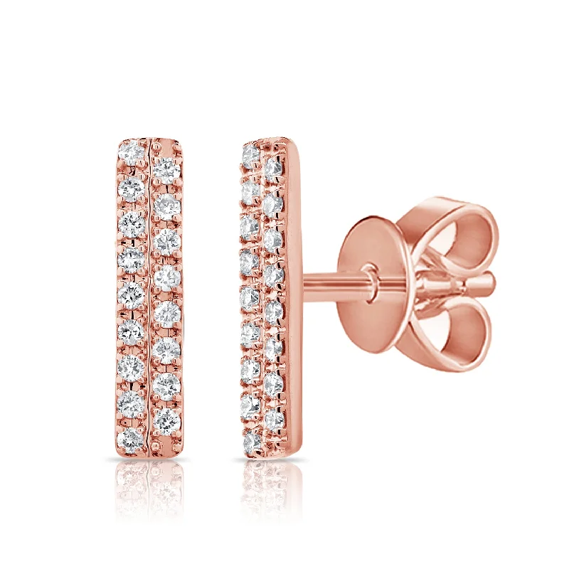 women's earrings with ribbon shape -14K Rose Gold Diamond Double Row Stick Earrings