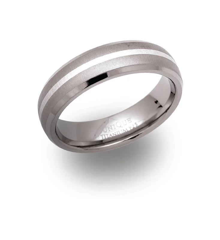 women's rings with bolder band -Unique & Co 6mm Titanium Sterling Silver Inlay Ring