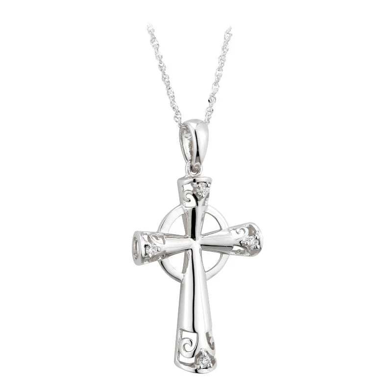 women's necklaces with delicate design -14k White Gold Genuine Diamond Celtic High Cross