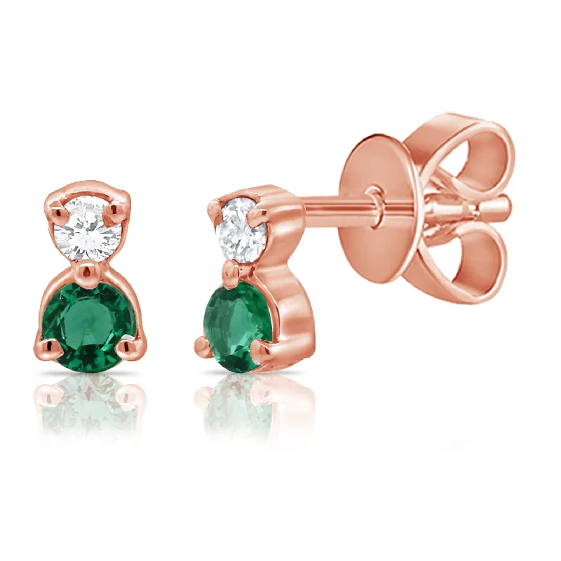 women's earrings with pearl -14K Rose Gold Diamond + Emerald Mini Stud Earrings