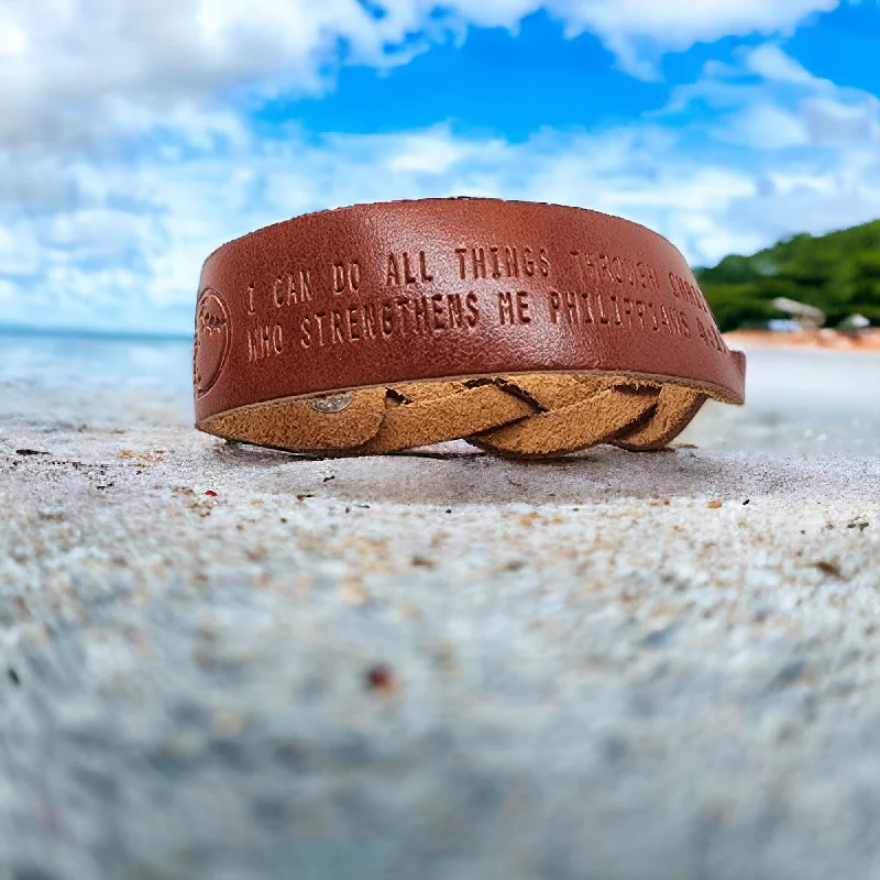 women's bracelets with infinity bangle -Leather Bracelet Braided Baseball - Softball Philippians 4:13 -Stamped