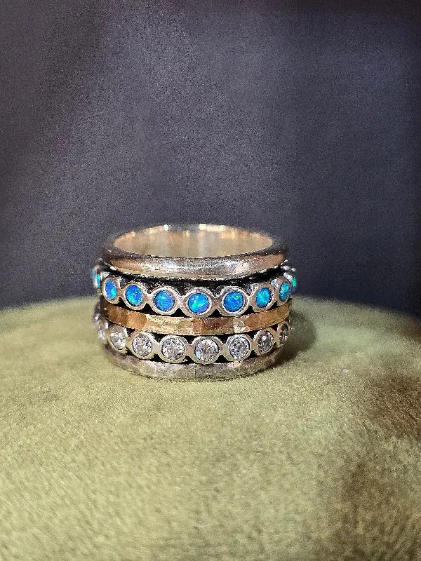 women's rings with double band -Opal and Zirconia Gemstone Spinning Ring