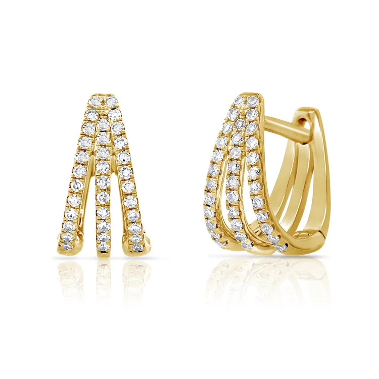 women's earrings with diamond accents -14K Yellow Gold Diamond Triple Huggie Earrings