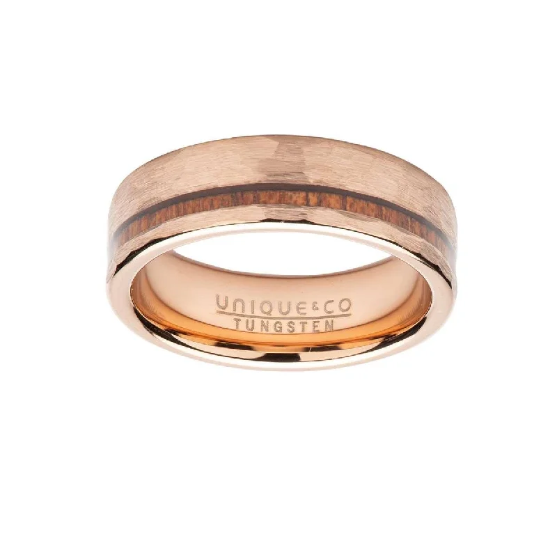 women's rings with minimalist style -Unique & Co Wood Inlay with Hammered Rose IP Ring