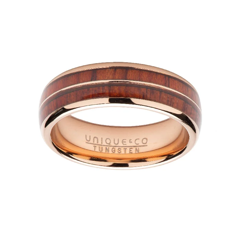 women's rings with platinum band -Unique & Co 7mm Wood Inlay with Rose IP Band Ring