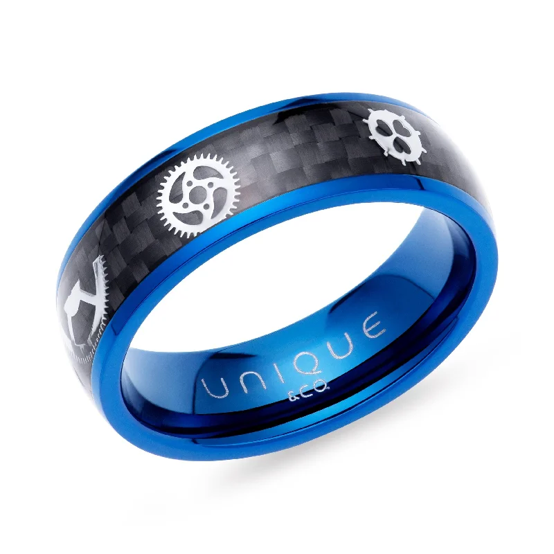 women's rings with sapphire -Unique & Co Blue IP And Carbon Fibre Steel Band Ring