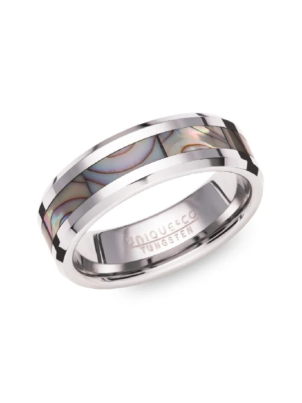 women's rings with statement design -Unique & Co Abalone Shell Inlay Tungsten Ring