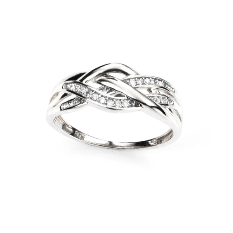 women's engagement rings with split band -Celtic Weave Ring with Diamonds in White Gold