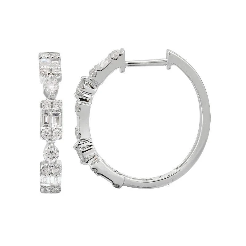 women's earrings with emerald-cut diamond -14K White Gold Round + Baguette Cluster Hoop Earrings