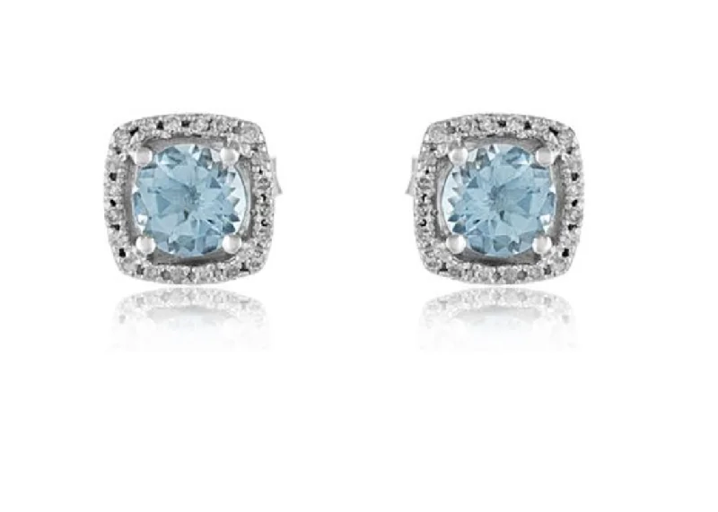 women's earrings with geometric pendant -14K White Gold Aquamarine and Diamond Stud Earrings