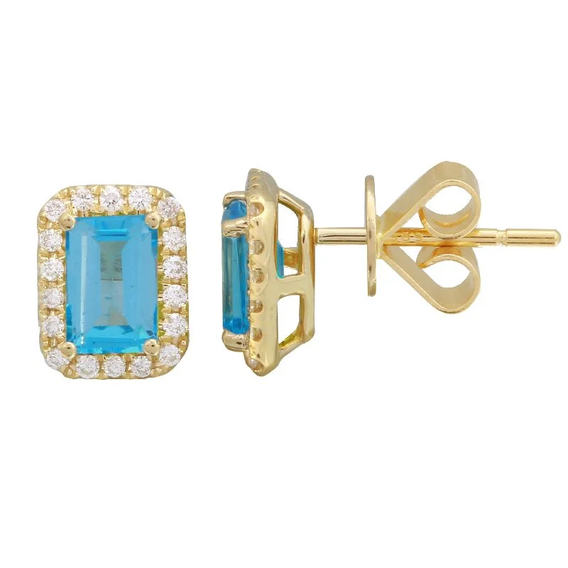 women's earrings with bolder design -14k Yellow Blue Topaz Emerald Cut Gemstone Earrings