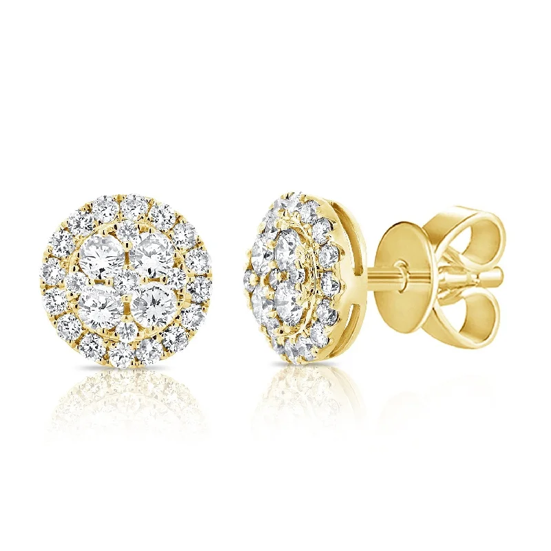 women's earrings with pave setting -14K Yellow Gold Diamond Cluster Disc Earrings