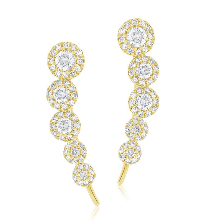 women's earrings with white gold finish -14K Yellow Gold Diamond Five Halo Ear Climber Earrings